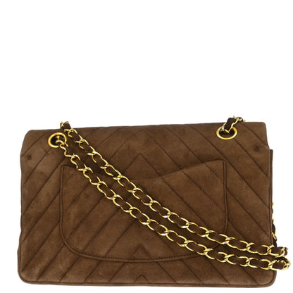 Chanel 1989-1991 Brown Suede Chevron Medium Classic Double Flap Shoulder Bag