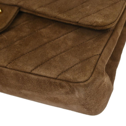 Chanel 1989-1991 Brown Suede Chevron Medium Classic Double Flap Shoulder Bag