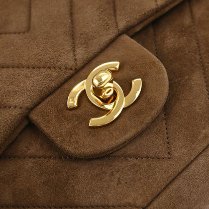 Chanel 1989-1991 Brown Suede Chevron Medium Classic Double Flap Shoulder Bag
