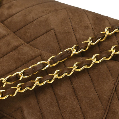 Chanel 1989-1991 Brown Suede Chevron Medium Classic Double Flap Shoulder Bag