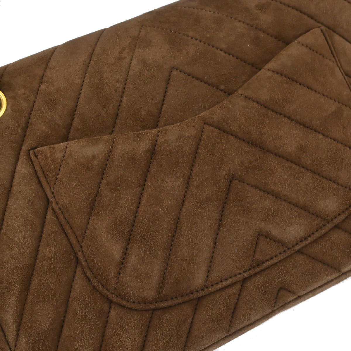 Chanel 1989-1991 Brown Suede Chevron Medium Classic Double Flap Shoulder Bag