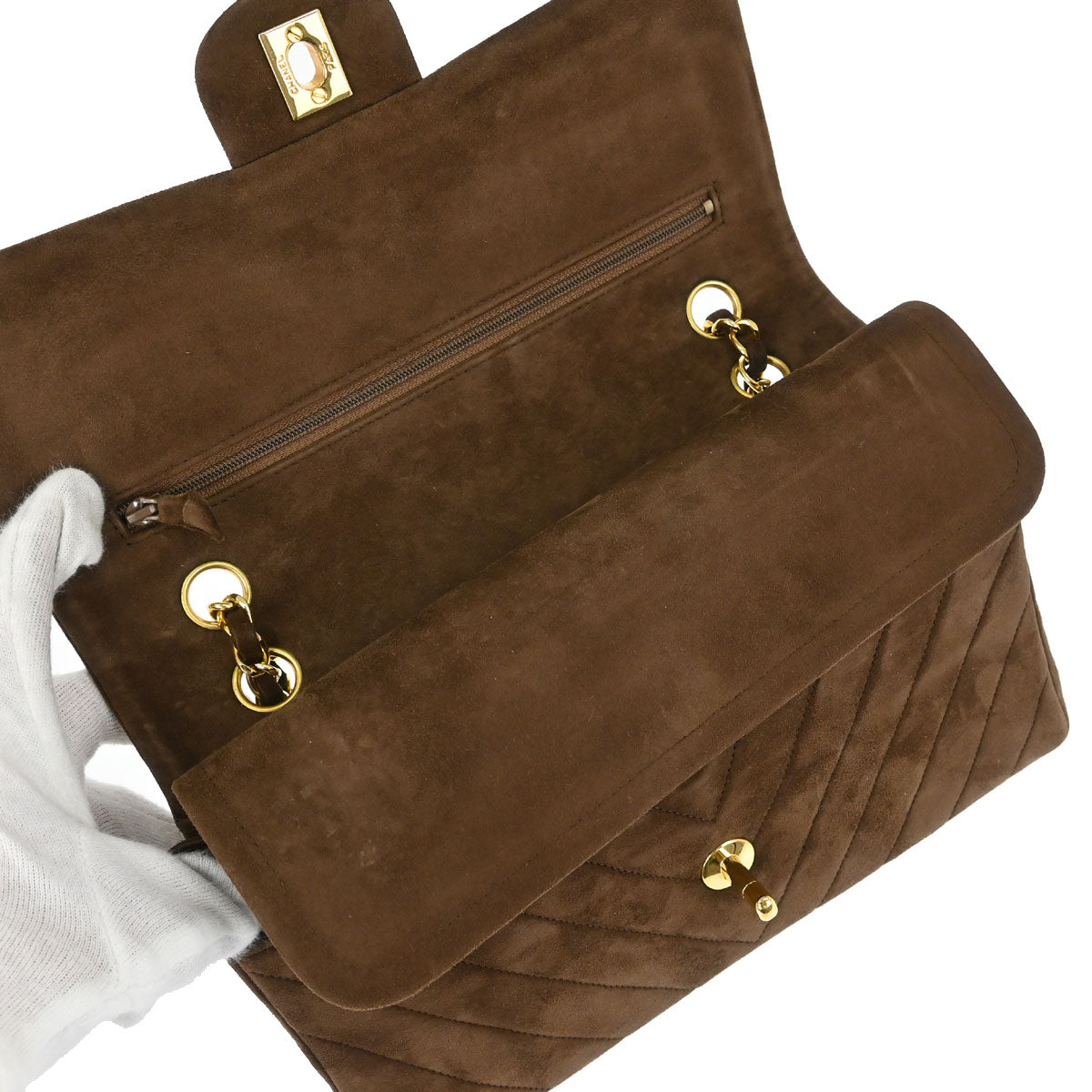Chanel 1989-1991 Brown Suede Chevron Medium Classic Double Flap Shoulder Bag