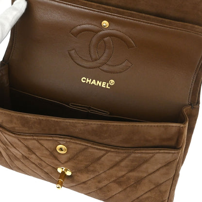 Chanel 1989-1991 Brown Suede Chevron Medium Classic Double Flap Shoulder Bag