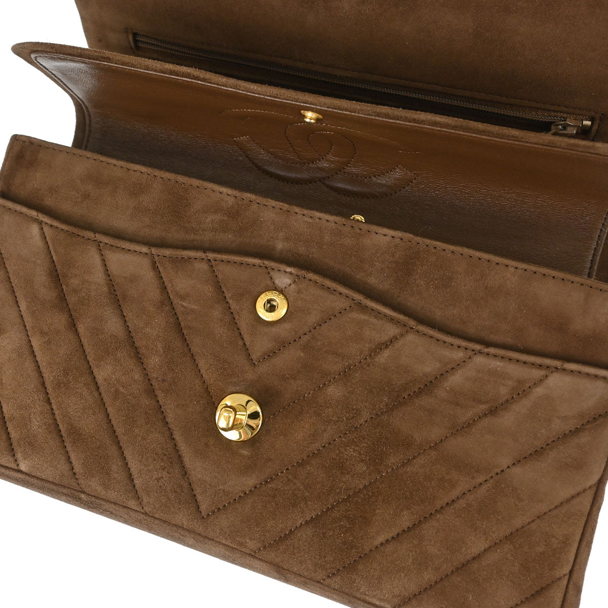 Chanel 1989-1991 Brown Suede Chevron Medium Classic Double Flap Shoulder Bag