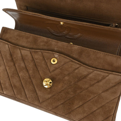 Chanel 1989-1991 Brown Suede Chevron Medium Classic Double Flap Shoulder Bag