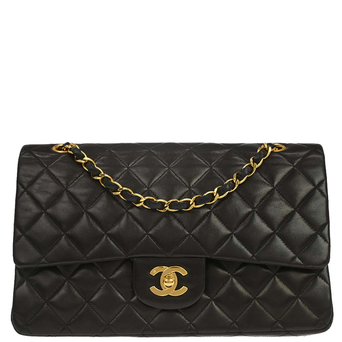 Chanel 1991-1994 Black Lambskin Medium Classic Double Flap Shoulder Bag