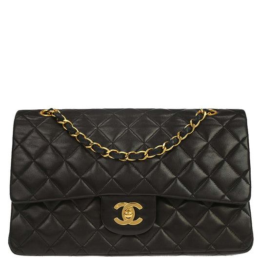 Chanel 1991-1994 Black Lambskin Medium Classic Double Flap Shoulder Bag