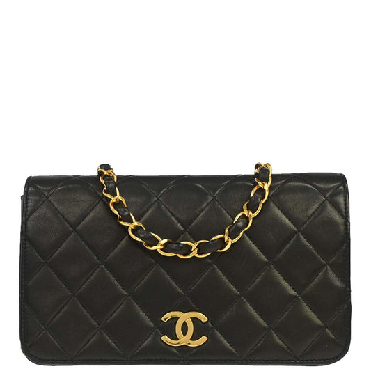 Chanel 1991-1994 Black Lambskin Pushlock Mini Full Flap Shoulder Bag