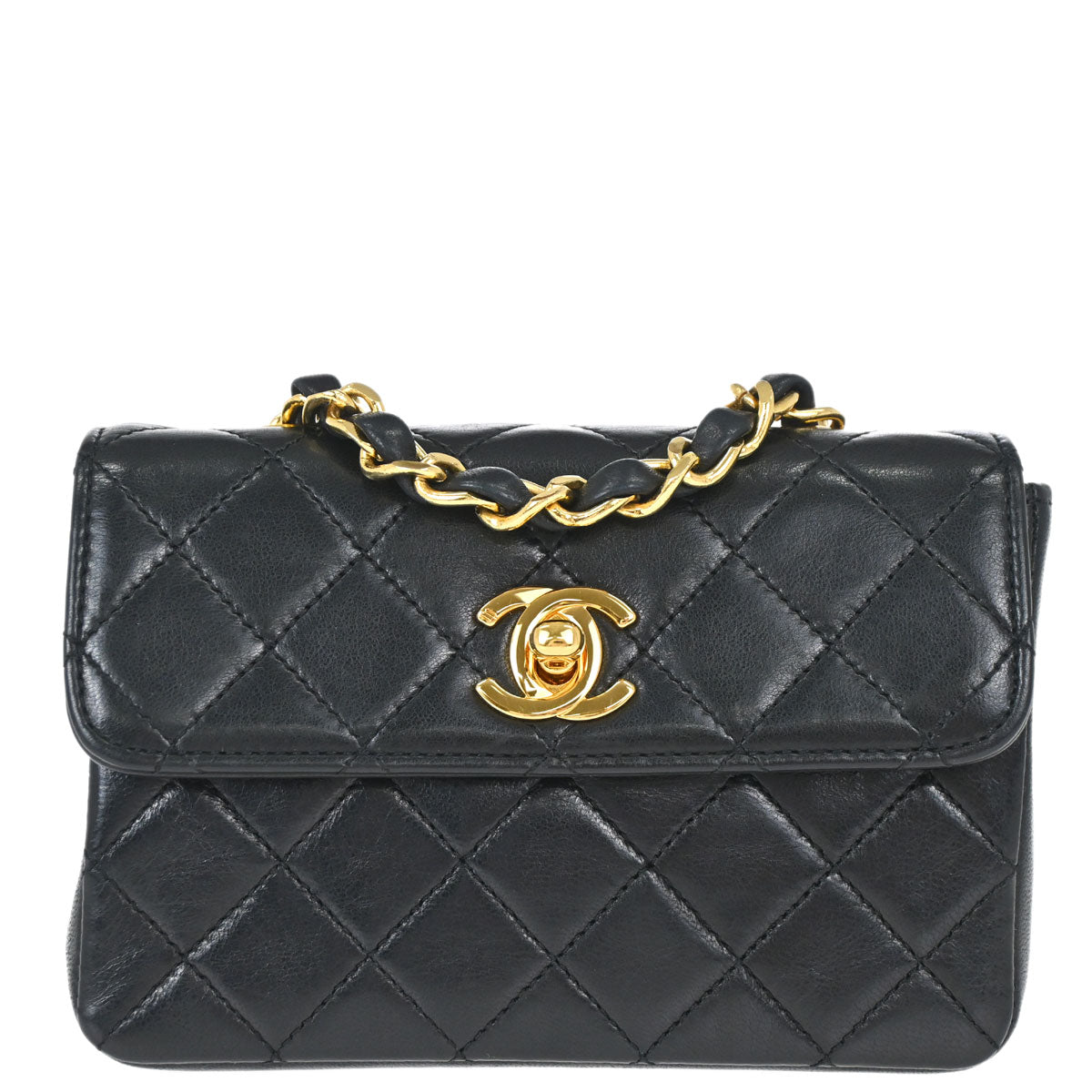 Chanel 1989-1991 Black Lambskin Straight Flap Shoulder Bag