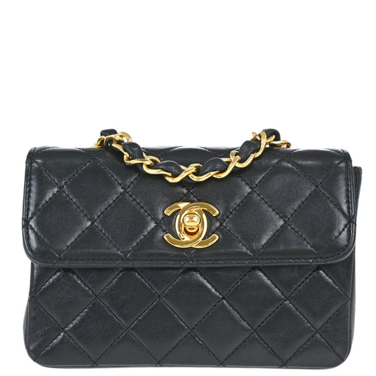 Chanel 1989-1991 Black Lambskin Straight Flap Shoulder Bag