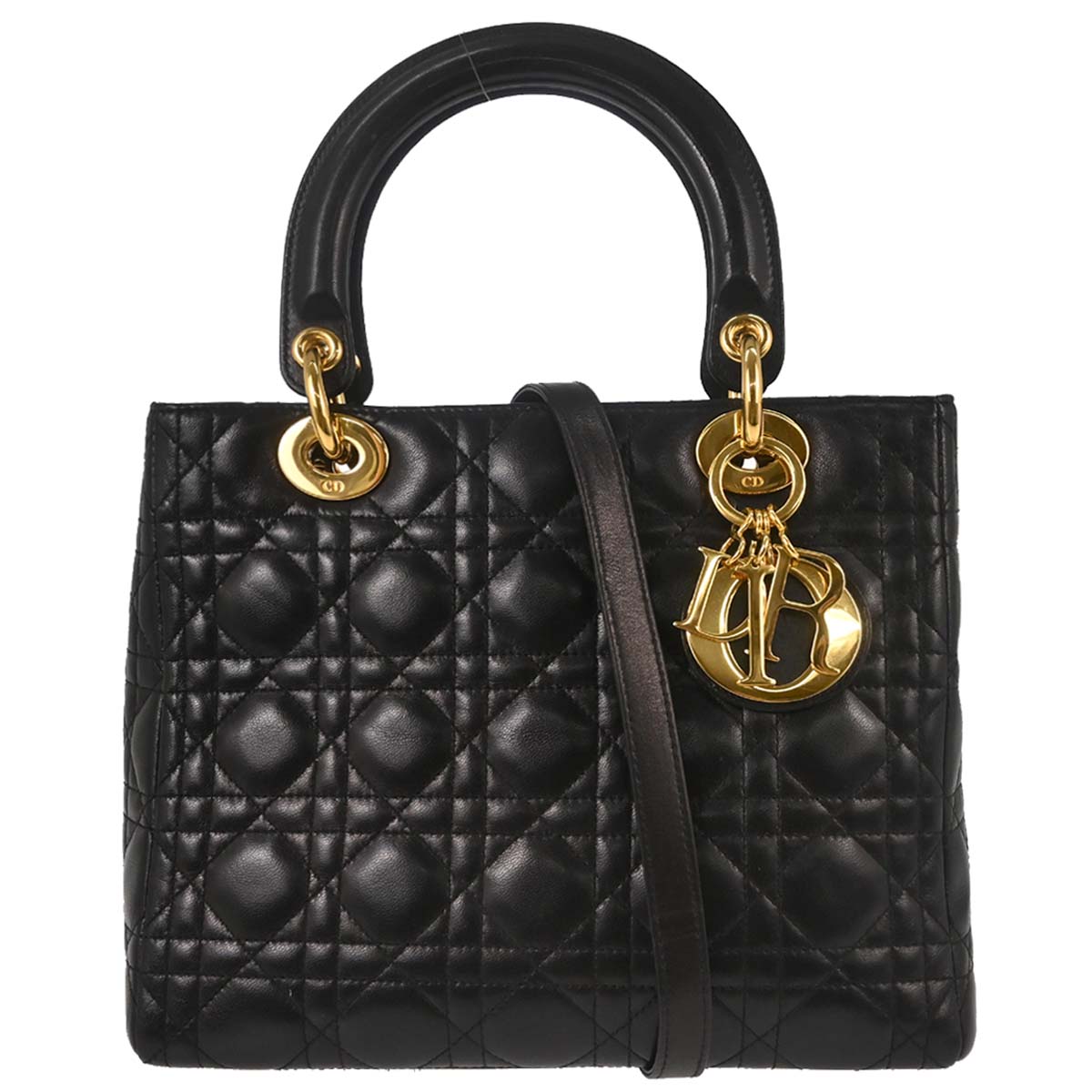 Christian Dior Black Lambskin Lady Dior Cannage 2way Shoulder Handbag