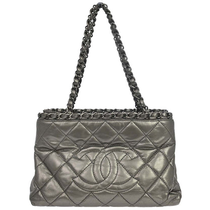 Chanel 2012 Metallic Silver Calfskin Chain Me Tote Handbag