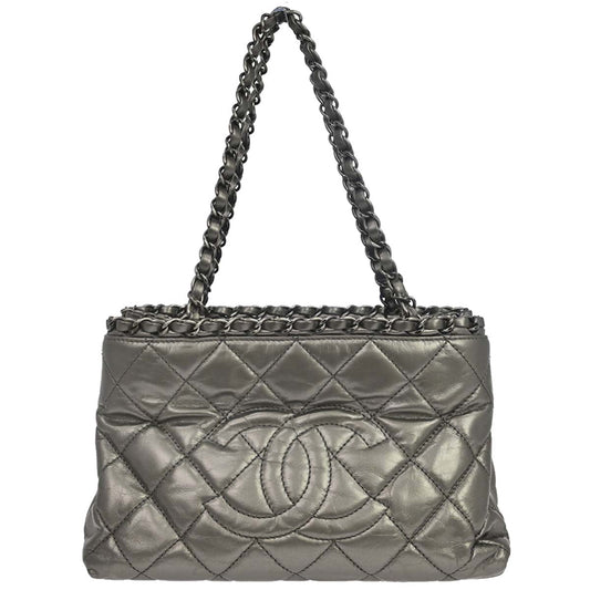 Chanel 2012 Metallic Silver Calfskin Chain Me Tote Handbag