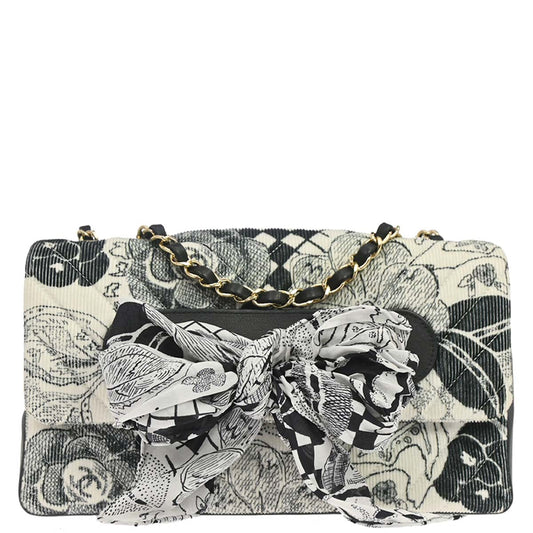 Chanel 2018-2019 Black White Silk Corduroy Chevron Shoulder Bag