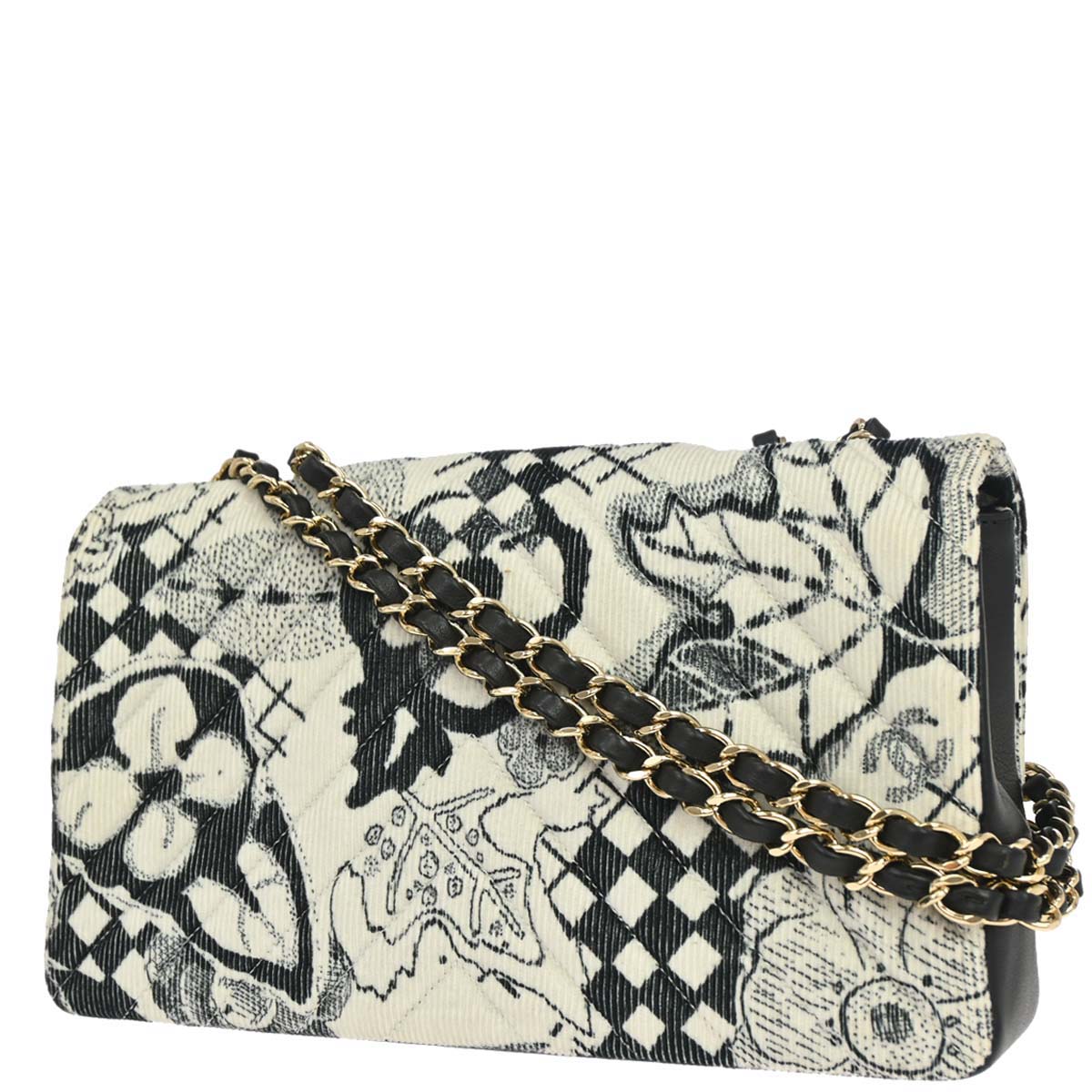 Chanel 2018-2019 Black White Silk Corduroy Chevron Shoulder Bag