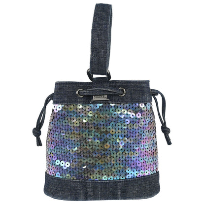 Chanel 1997-1999 Navy Sequins Denim Tote Bucket Drawstring Handbag