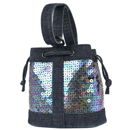 Chanel 1997-1999 Navy Sequins Denim Tote Bucket Drawstring Handbag