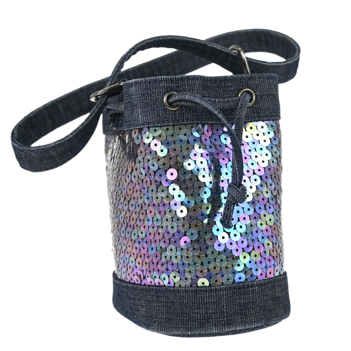 Chanel 1997-1999 Navy Sequins Denim Tote Bucket Drawstring Handbag