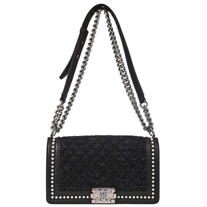 Boy Chanel 2018-2019 Black Tweed Calfskin Costume Pearl Medium Shoulder Bag