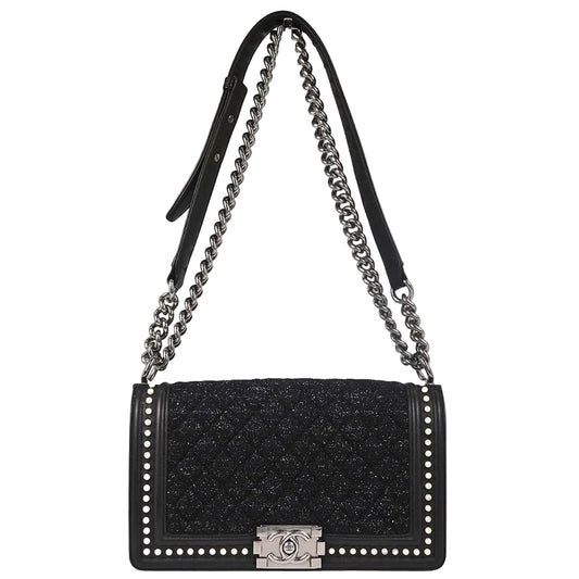 Boy Chanel 2018-2019 Black Tweed Calfskin Costume Pearl Medium Shoulder Bag