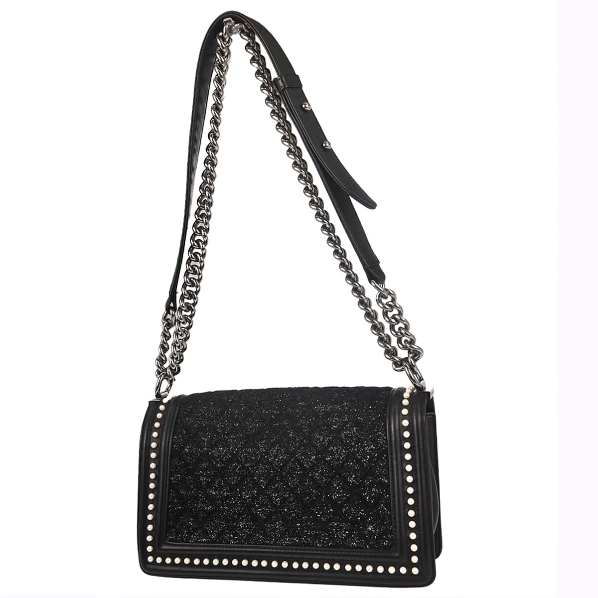 Boy Chanel 2018-2019 Black Tweed Calfskin Costume Pearl Medium Shoulder Bag