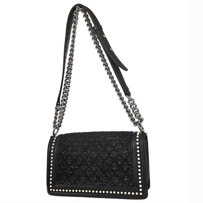 Boy Chanel 2018-2019 Black Tweed Calfskin Costume Pearl Medium Shoulder Bag