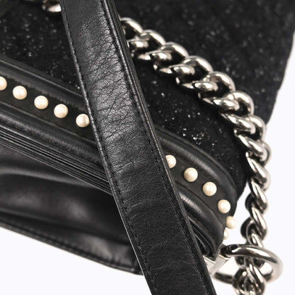 Boy Chanel 2018-2019 Black Tweed Calfskin Costume Pearl Medium Shoulder Bag