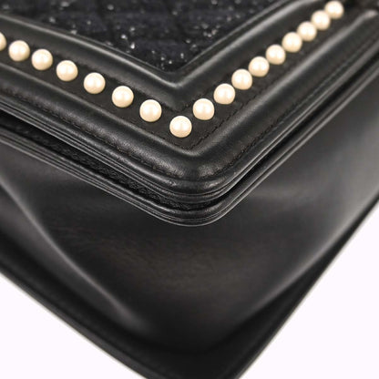 Boy Chanel 2018-2019 Black Tweed Calfskin Costume Pearl Medium Shoulder Bag