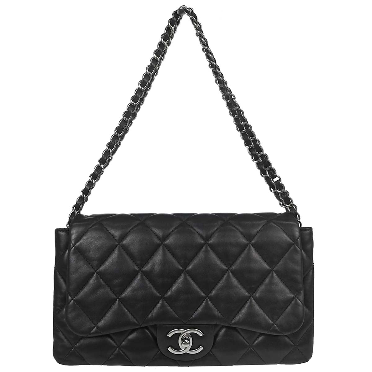 Chanel Black Lambskin 3 Accordion Flap Shoulder Bag