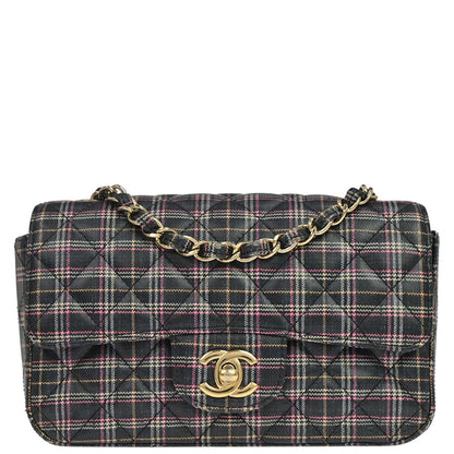 Chanel 2019 Navy Calfskin Plaid Printed Flap Bag Shoulder Bag