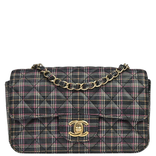 Chanel 2019 Navy Calfskin Plaid Printed Flap Bag Shoulder Bag