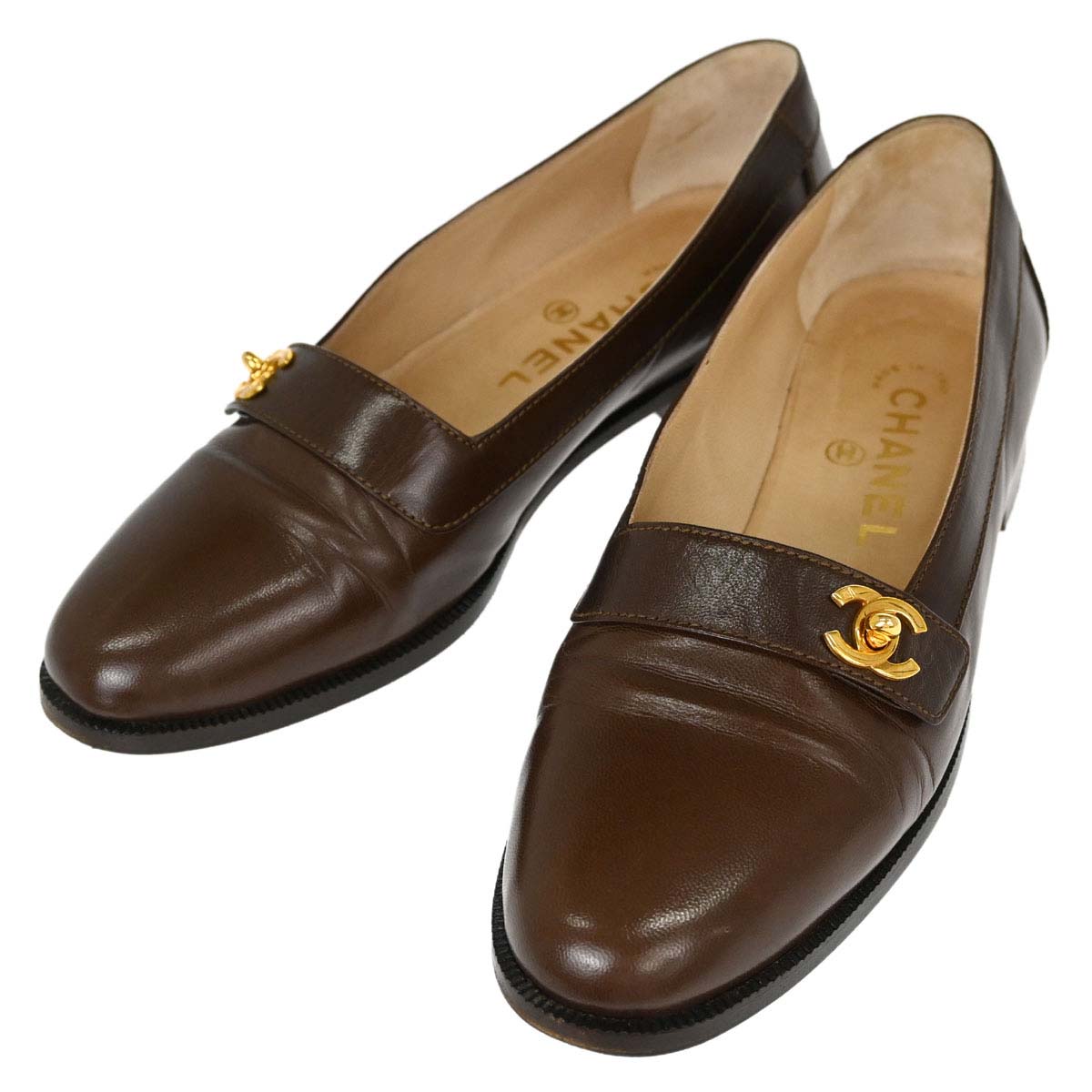 Chanel * CC Turnlock Brown Leather Loafers Shoes #37