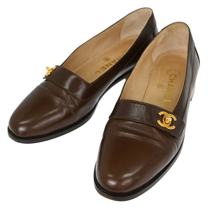 Chanel * CC Turnlock Brown Leather Loafers Shoes #37