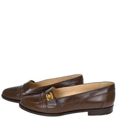 Chanel * CC Turnlock Brown Leather Loafers Shoes #37