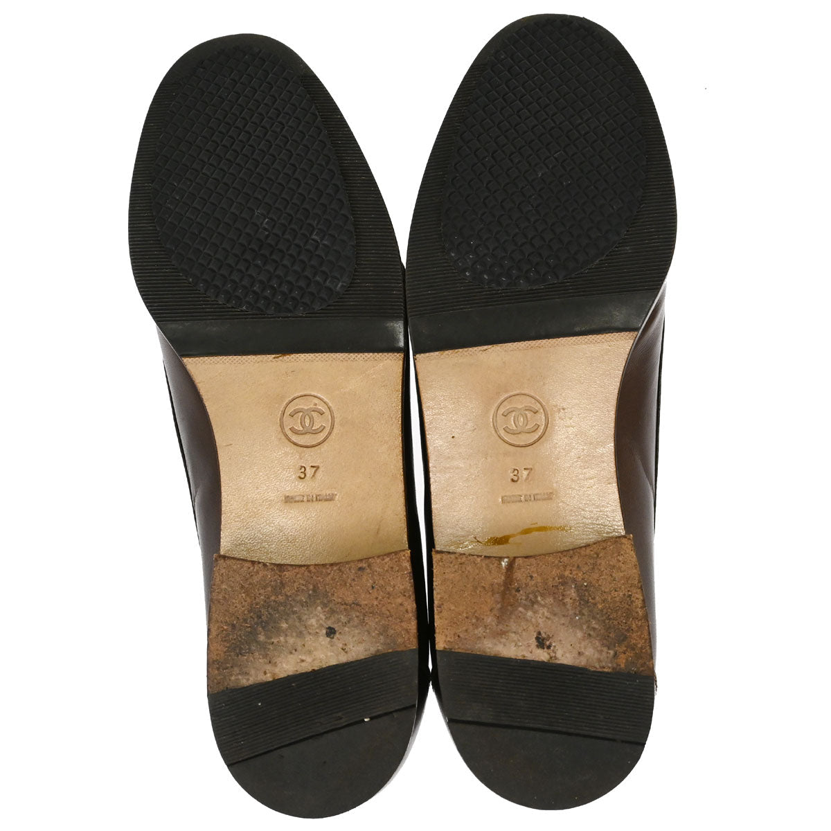 Chanel * CC Turnlock Brown Leather Loafers Shoes #37