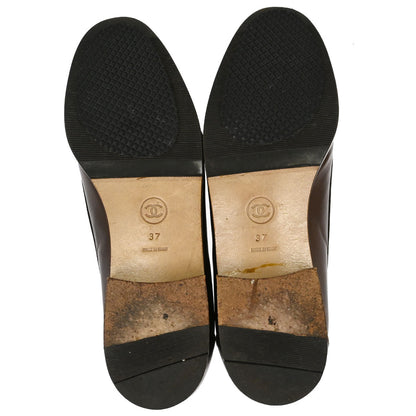 Chanel * CC Turnlock Brown Leather Loafers Shoes #37