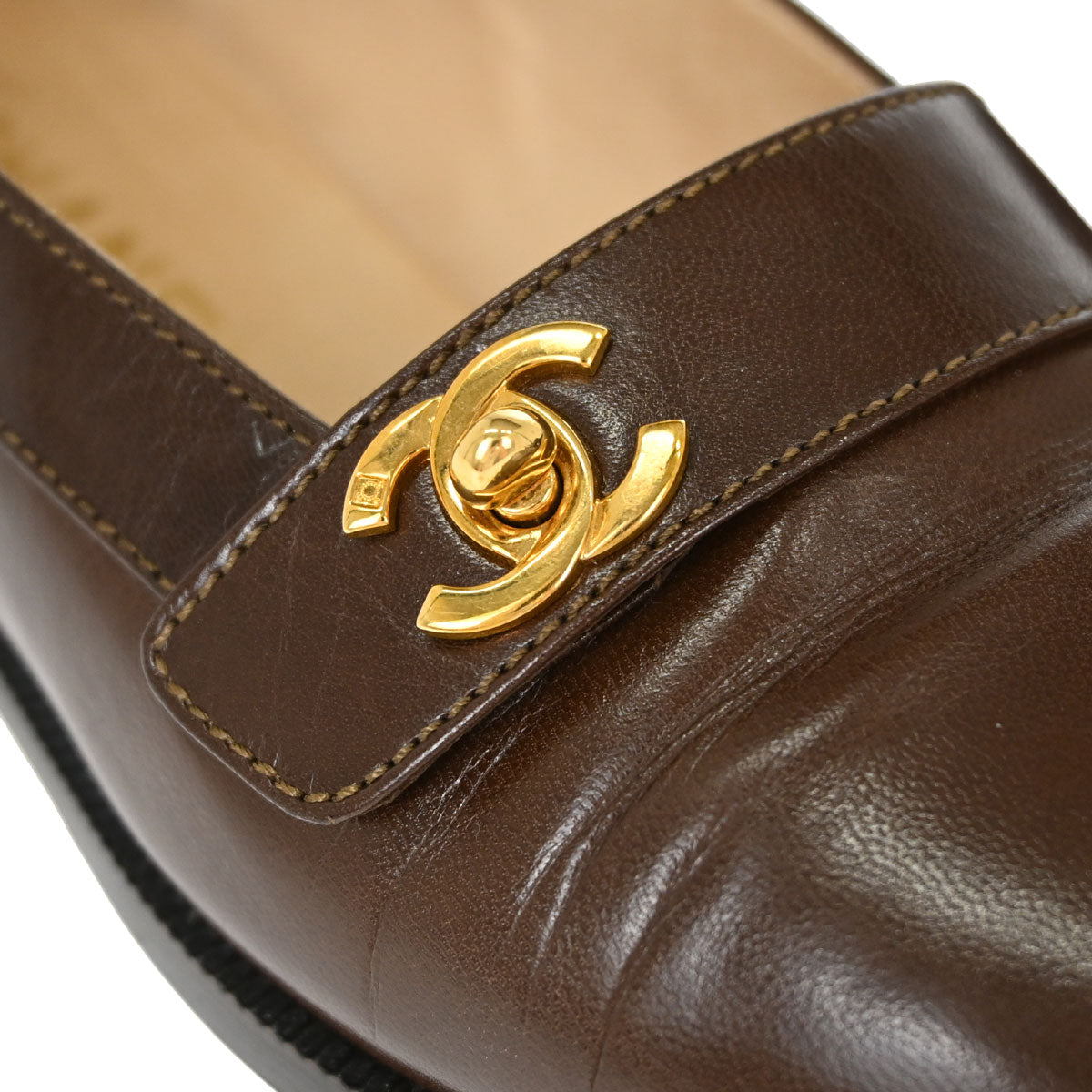 Chanel * CC Turnlock Brown Leather Loafers Shoes #37