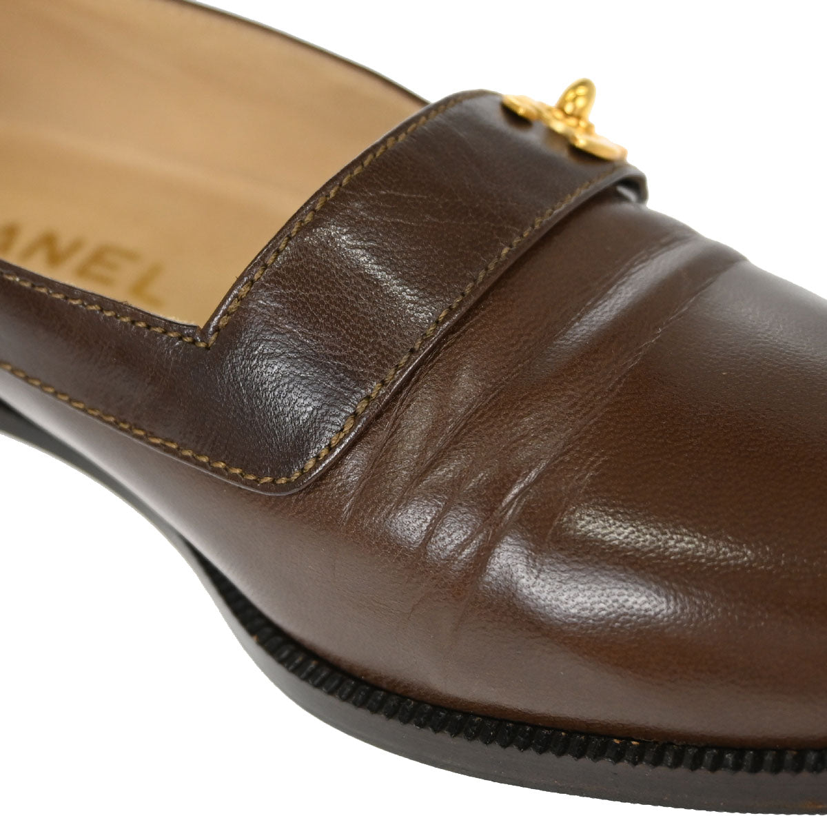 Chanel * CC Turnlock Brown Leather Loafers Shoes #37