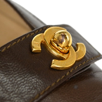 Chanel * CC Turnlock Brown Leather Loafers Shoes #37