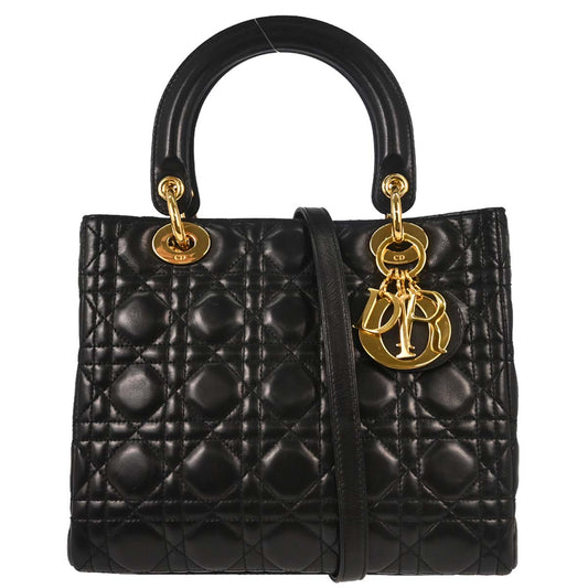 Christian Dior Black Lambskin Medium Lady Dior Cannage 2way Shoulder Handbag