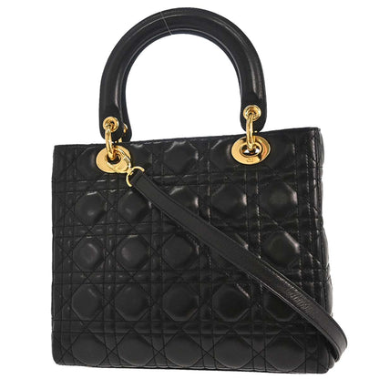 Christian Dior Black Lambskin Medium Lady Dior Cannage 2way Shoulder Handbag