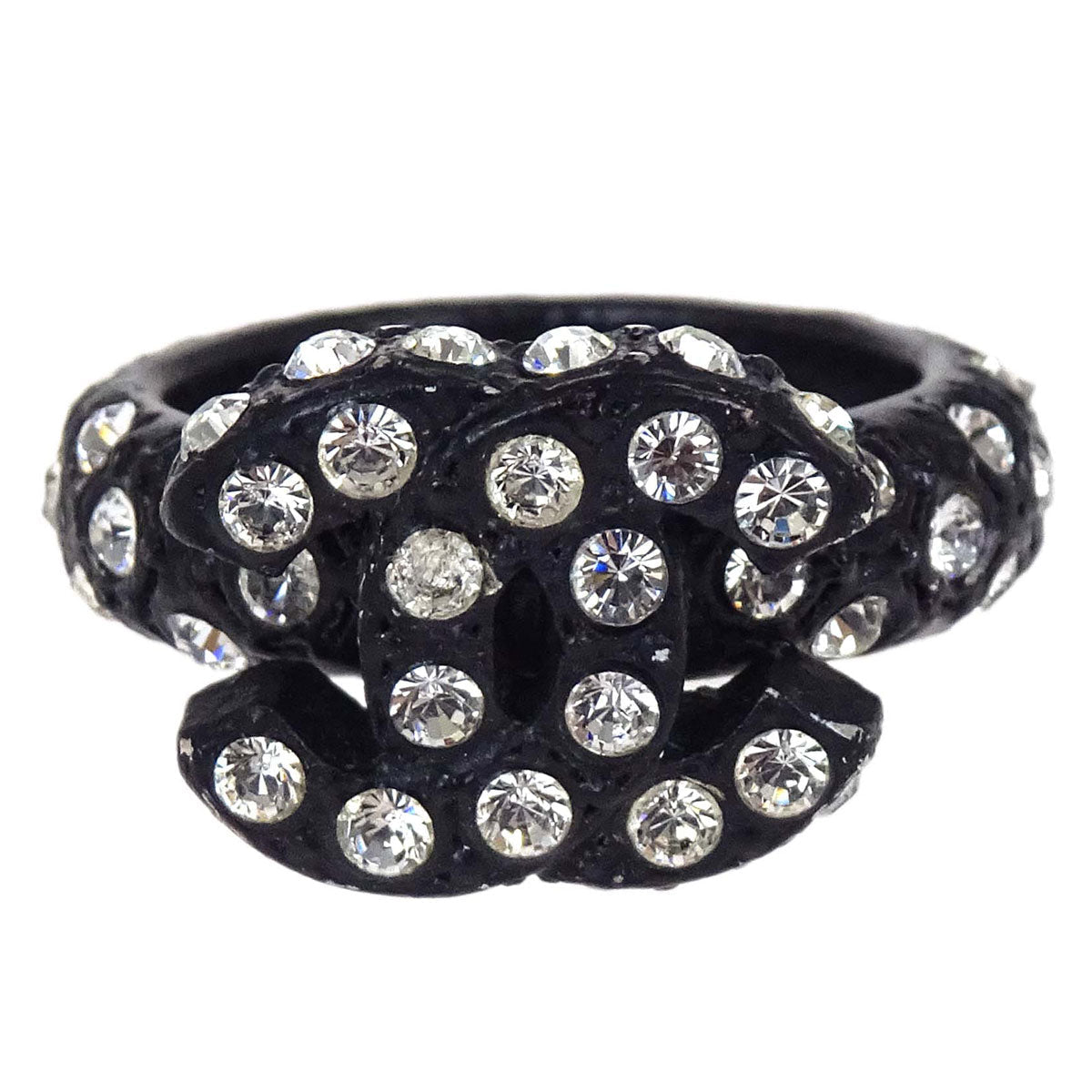 Chanel Ring Acrylic Rhinestone CC Black #52 02A