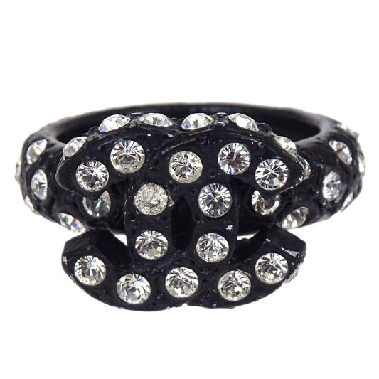 Chanel Ring Acrylic Rhinestone CC Black #52 02A