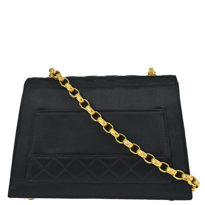 Chanel 1989-1991 Black Satin Straight Flap Shoulder Bag
