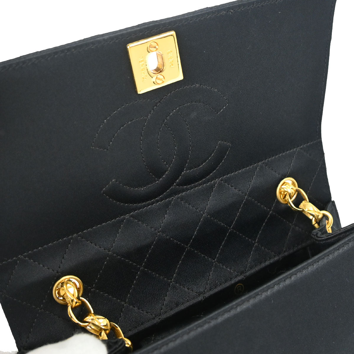 Chanel 1989-1991 Black Satin Straight Flap Shoulder Bag