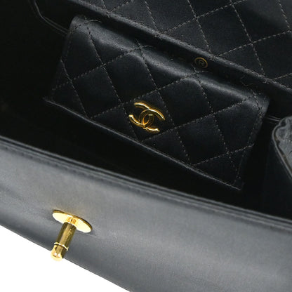 Chanel 1989-1991 Black Satin Straight Flap Shoulder Bag