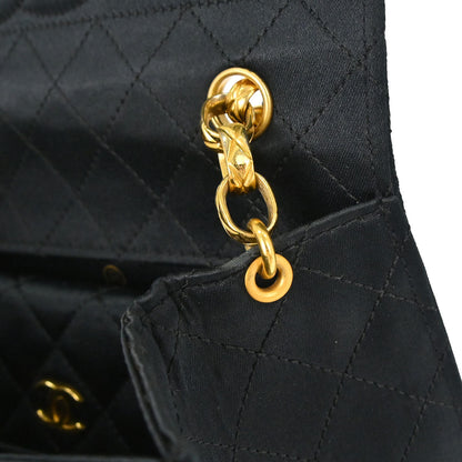 Chanel 1989-1991 Black Satin Straight Flap Shoulder Bag