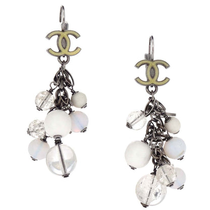 Chanel CC Dangle Acrylic Pierced Earrings Silver 07A