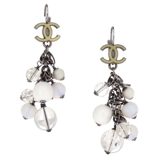 Chanel CC Dangle Acrylic Pierced Earrings Silver 07A
