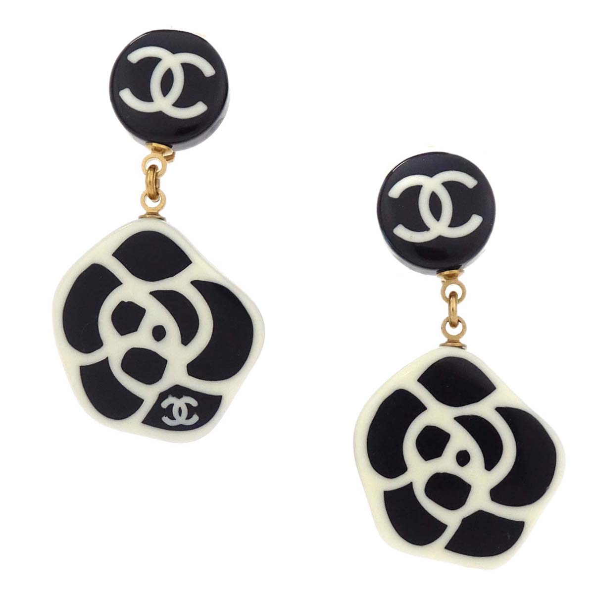 Chanel Dangle Camellia Clip-On Earrings Black Acrylic 03P